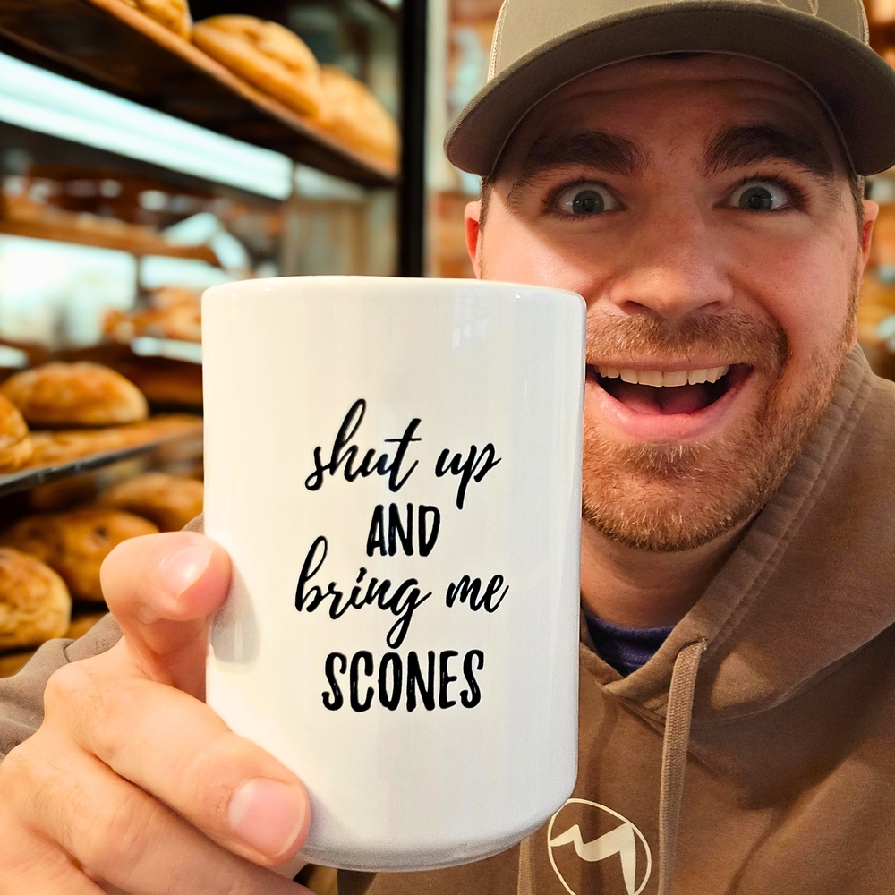 White Ceramic Mug “Shut up and give me scones” 12oz.